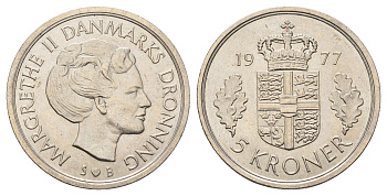 Дания 5 крон 1977 Маргрете II (1972-2024) KM 863 медно-никель aUNC 4168-243