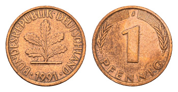 Германия 1 пфенниг 1991 J KM 105, J. 380 сталь плакированная медью 4685-438