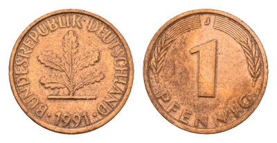Германия 1 пфенниг 1991 J KM 105, J. 380 сталь плакированная медью 4685-438