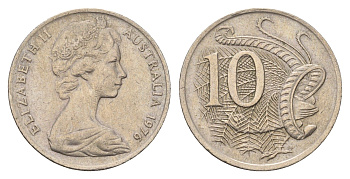 Австралия 10 центов 1976 Елизавета II (1952-202), птица лирахвост KM 65 медно-никель 4646-225