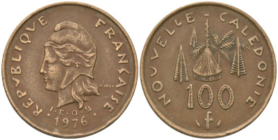 Французская Новая Каледония 100 франков 1976 хижина среди сосен и пальм, (IEOM) KM 15, Schoen 16, Lec 130 никель бронза 88-816
