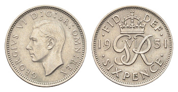Великобритания 6 пенсов 1951 Георг VI (1936-1952) KM 875, Spink 4110 медно-никель 4705-432