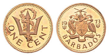 Барбадос 1 цент 1973 FM, сломанный трезубец Британии KM 10 бронза PROOF 4685-819