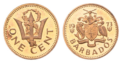 Барбадос 1 цент 1973 FM, сломанный трезубец Британии KM 10 бронза PROOF 4685-819