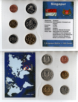 Сингапур набор из 6 монет (1, 5, 10, 20 и 50 центов; 1 доллар) 2001, 2005, 2009 и 2011 в красочной упаковке с информацией о стране KM 98, 99, 100, 101, 102 и 103 UNC 3-4-1-41