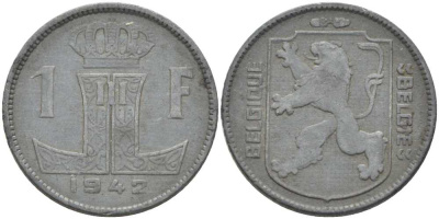 БЕЛЬГИЯ 1 ФРАНК 1942 BELGIQUE-BELGIE, ГЕРМАНСКАЯ ОККУПАЦИЯ, ВТОРАЯ МИРОВАЯ ВОЙНА, ЛЕОПОЛЬД III (1934-1950) KM 127 цинк 119-423