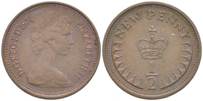 Великобритания 1/2 пенни 1974 Елизавета II (1952-2022) KM 914, Spink 4239 бронза 112-1232
