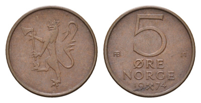 Норвегия 5 эре 1974 Улаф V (1957-1991) KM 415 бронза 4702-264