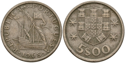 Португалия 5 эскудо 1968 KM 591 медно-никель 4156-541