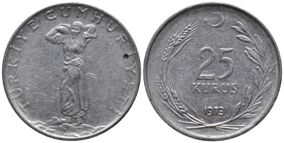 Турция 25 курушей 1973 KM 892.3 нержавеющия сталь 4577-617