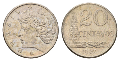 Бразилия 20 сентаво 1967 год-тип KM 579.1 медно-никель 4688-111