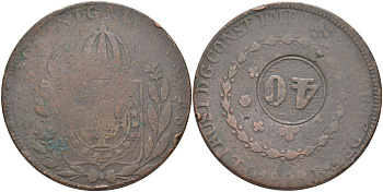 Бразилия 40 рейс 1835 R, провинция ICO, надчеканка на 80 рейсах 1829 Педро I (1822-1831) KM 444.1 медь 1067-1-36