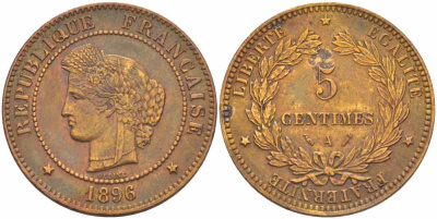ФРАНЦИЯ 5 САНТИМОВ 1896 A, ТРЕТЬЯ РЕСПУБЛИКА (1871-1940) KM 821.1, LE FRANC 118.38 бронза 441-1611