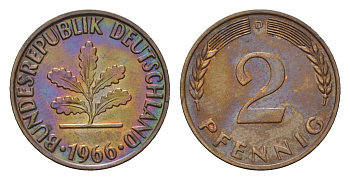 ФРГ 2 пфеннига 1966 D KM 106, J. 381 бронза 4682-412