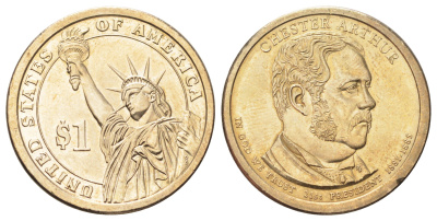 США 1 доллар 2012 P, Президент США - Честер Алан Артур (1881–1885) KM 524 медь с марганцево-латунным покрытием UNC 4695-917