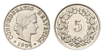 Швейцария 5 раппенов 1934 B KM 26b никель 4705-1228
