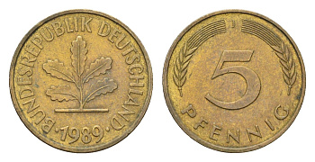ФРГ 5 пфеннигов 1989 J KM 107, J.382 сталь плакированная латунью aUNC 4685-1223