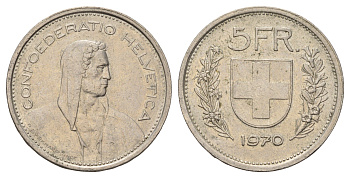 Швейцария 5 франков 1970 KM 40a.1 медно-никель 4536-223