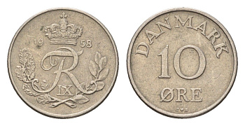 Дания 10 эре 1958 С; S, Фредерик IX (1947-1972) KM 841 медно-никель 4684-622