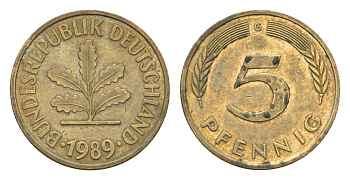 ФРГ 5 пфеннигов 1989 G KM 107, J. 382 сталь плакированная латунью 4685-1241