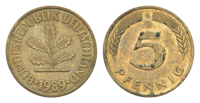 ФРГ 5 пфеннигов 1989 G KM 107, J. 382 сталь плакированная латунью 4685-1241