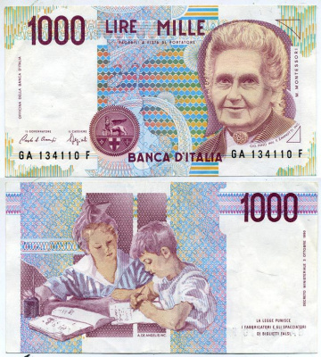 Италия 1000 лир 1990 Мария Монтессори Pick 114а бумага 7551-25-2-2
