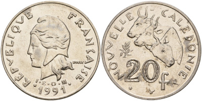 Французская Новая Каледония 20 франков 1991 коровы KM 12 никель 4587-1223
