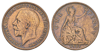 Великобритания 1 пенни 1927 Георг V (1910-1936) КМ 826, Spink 4054 бронза 4120-213