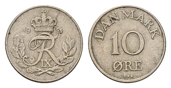 Дания 10 эре 1951 C.S, Фредерик IX (1947-1972) KM 841 медно-никель 4701-936