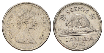Канада 5 центов 1983 Елизавета II (1952-2022), бобр KM 60.2a медно-никель 4689-423