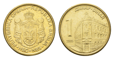 Сербия 1 динар 2005 KM 39 никель латунь UNC 4689-1011