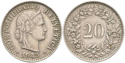 ШВЕЙЦАРИЯ 20 РАППЕНОВ 1943 В KM 29a медно-никель 55-713
