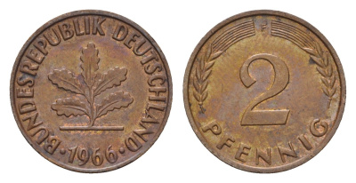 ФРГ 2 пфеннига 1966 F KM 106, J. 381 бронза 3458-655