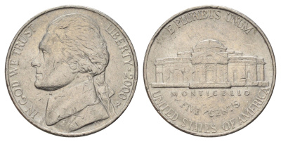 США 5 центов 2000 P, Джефферсон KM A192 медно-никель 4671-1235