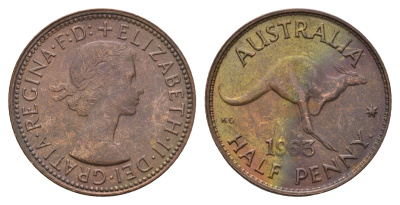 Австралия 1/2 пенни 1963 p, Елизавета II (1952-2022), кенгуру KM 61 бронза 181-323