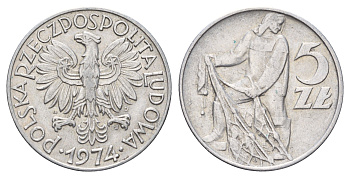 Польша 5 злотых 1974 MW, рыбак KM 47 алюминий 4531-1114