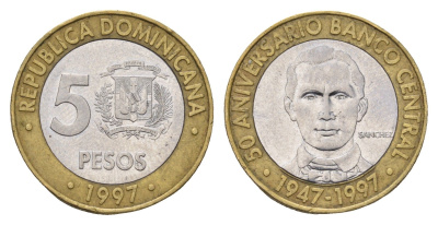 Доминикана (Доминиканская Республика) 5 песо 1997 50 лет Центробанку KM 88 биметалл 4695-1223