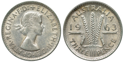 Австралия 3 пенса 1963 m, Елизавета II (1952-2022) KM 57 серебро 71-843