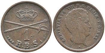 Дания 1 риксбанкскиллинг 1842 FF, Кристиан VIII (1839-1848) KM 726.1 (С120.1) медь 34-541