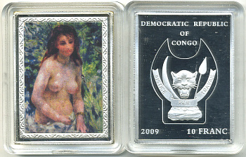 Конго 10 франков 2009 серия шедевры мировой живописи, ОГЮСТ РЕНУАР, ОБНАЖЕННАЯ НА СОЛНЦЕ, серебрение, размер 35Х46 мм., цветная эмаль медно-никель PROOF 00-00