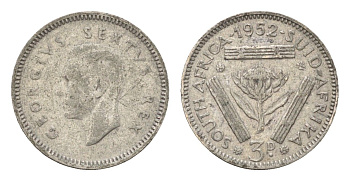 ЮАР 3 пенса 1952 Георг VI (1936-1952) KM 35.2 серебро 96-813