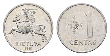 Литва 1 цент (сент) 1991 год-тип KM 85 алюминий aUNC 4689-1029