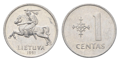 Литва 1 цент (сент) 1991 год-тип KM 85 алюминий aUNC 4689-1029