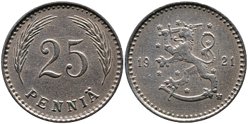 ФИНЛЯНДИЯ 25 ПЕННИ 1921 H, ПЕРВЫЙ ГОД ЧЕКАНА KM 25 медно-никель 4387-458