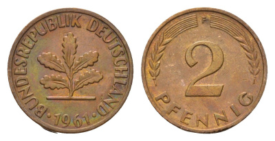 ФРГ 2 пфеннига 1961 F KM 106, J. 381 бронза 4576-566