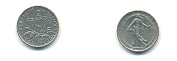 Франция 1/2 франка 1965 сеятель KM 931, Le Franc 198.3 никель 54-2137