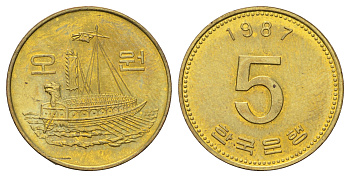 Южная Корея 5 вон 1987 KM 32 латунь UNC 4682-1013