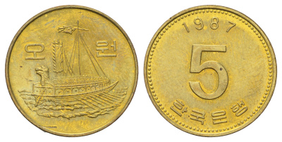 Южная Корея 5 вон 1987 KM 32 латунь UNC 4682-1013