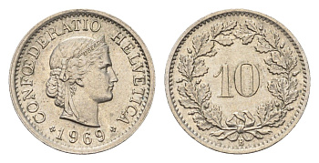 Швейцария 10 раппенов 1969 KM 27 медно-никель 4685-254