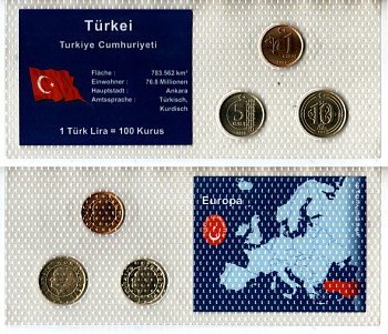 Турция набор из 3 монет (1, 5 и 10 курушей) 2009 в красочной упаковке с информацией о стране KM 1239, 1240 и 1241 UNC 5-4-1-108
